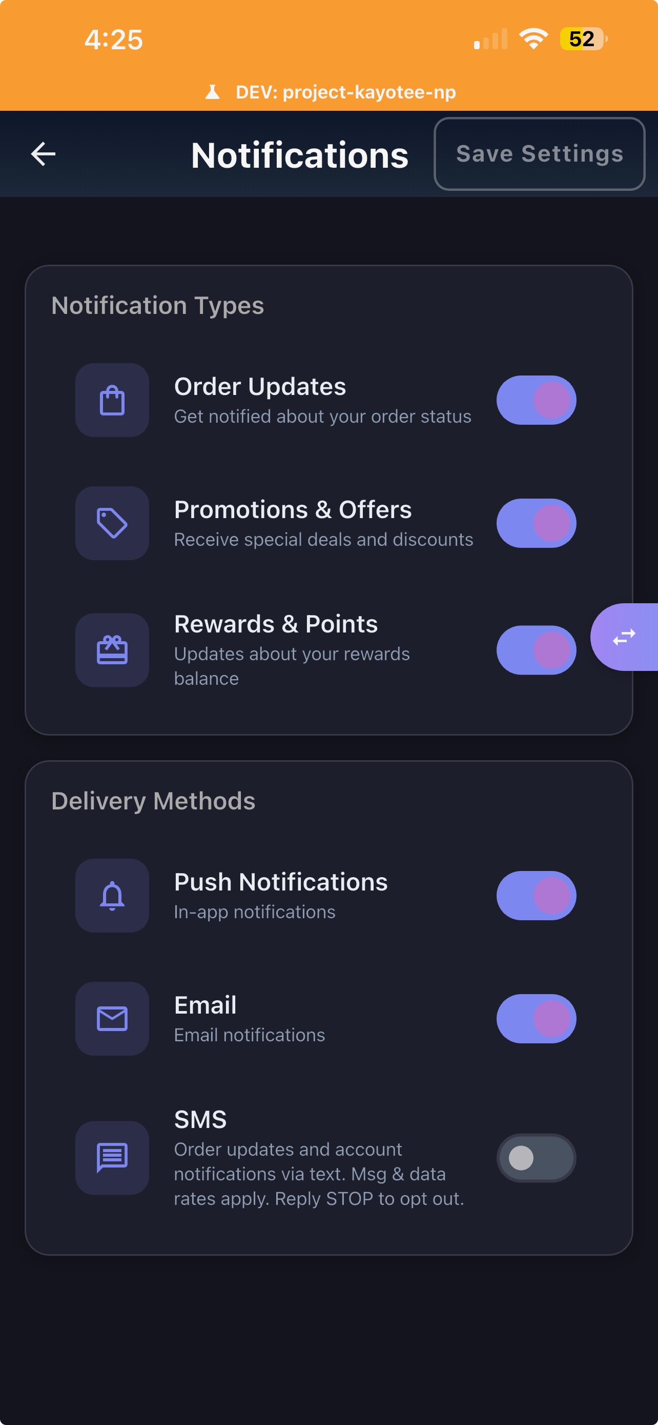 Notification settings screen showing SMS toggle