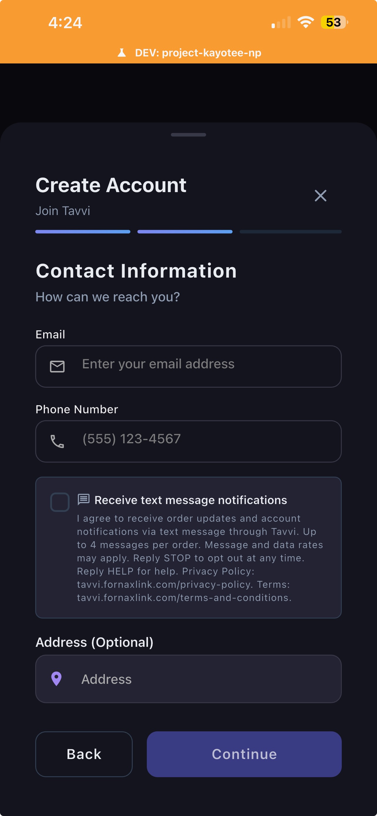 Sign-up screen showing SMS consent checkbox, unchecked by default